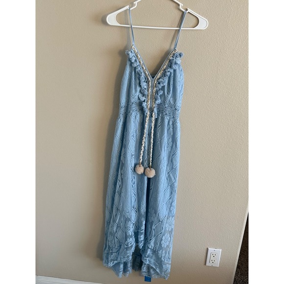 Cupshe Dresses & Skirts - Cupshe Womens Light Blue Floral Lace Maxi Dress Boho Pom Pom Ties Size M NEW